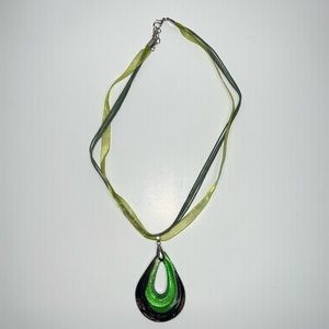 Venetian/Murano Green & Black Glass Necklace with a Green ribbon From Italy